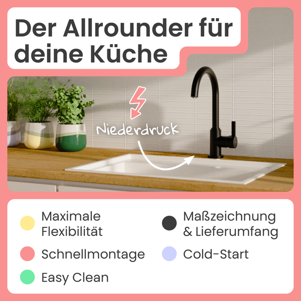 Küchenspüle mit Armatur und Symbolen für Flexibilität, einfache Reinigung, schnelle Montage, Maßzeichnung, Lieferumfang und Kaltstartfunktion.