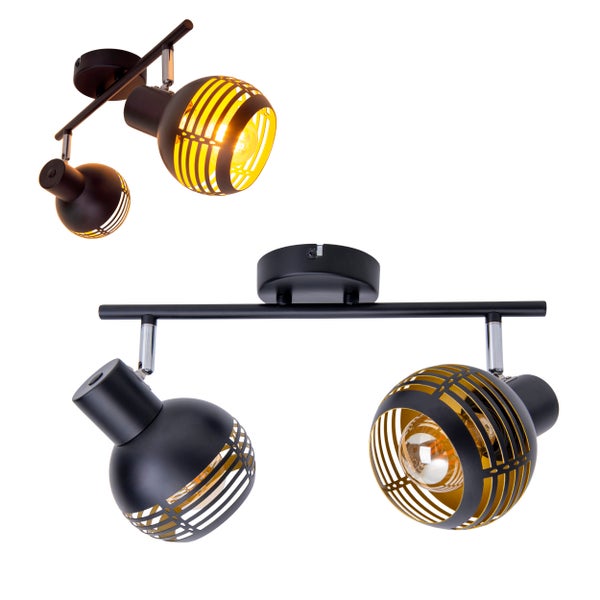 2er Wand- und Deckenleuchte Spot CASCO aus Metall in Schwarz, und Gold, mit E27-Fassung, 36 x 12 x 15 cm. Stilvolle Beleuchtung für Wohnzimmer, Esszimmer oder Küche.