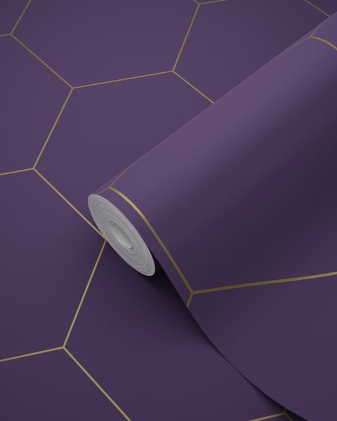 ESTAhome Tapete Wabenmuster Dunkelviolett und Gold - 53 cm x 10.05 m - 139575