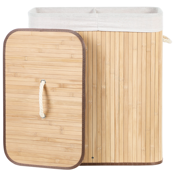 Rechteckiger Wäschekorb aus Bambus mit Deckel, Stoffeinsatz und Seilgriffen.