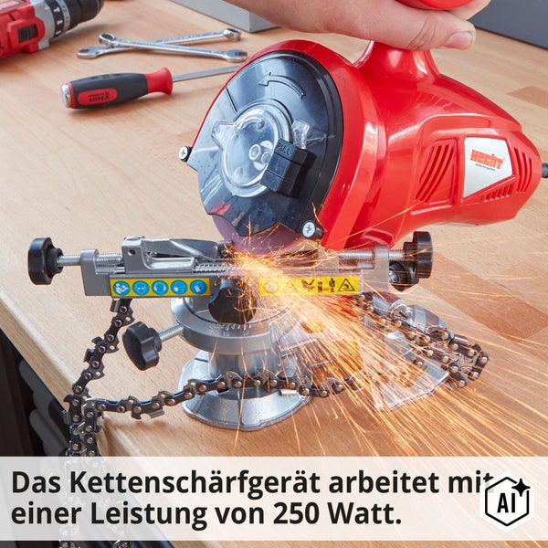 Hecht Kettenschärfgerät mit 250 Watt Leistung beim Schärfen einer Sägekette auf einer Werkbank.