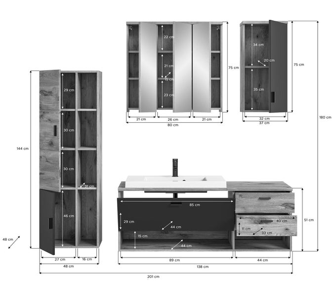 Grado Badmöbelset 203cm Eiche dekor,matt grau. 203 X 48 X 192 cm