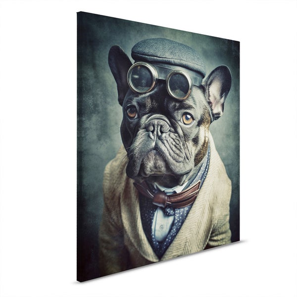 Leinwandbild mit einem Mops, der eine Mütze, eine Brille und einen Anzug trägt