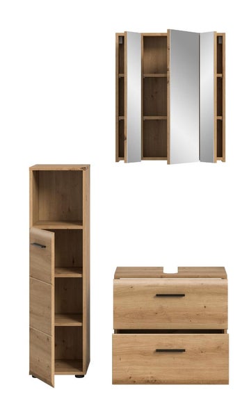 Dreiteiliges Badezimmermöbel-Set in Eichenoptik mit Spiegelschrank, Hochschrank und Waschbeckenunterschrank.