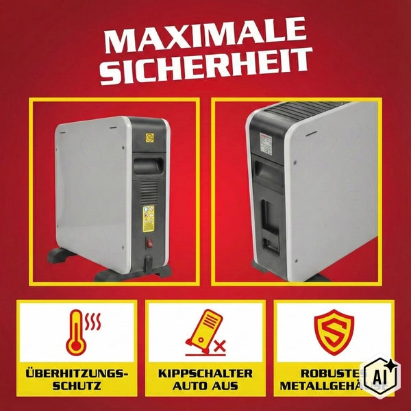 Konvektor mit Überhitzungsschutz, Kippschutzfunktion und robustem Metallgehäuse für maximale Sicherheit.