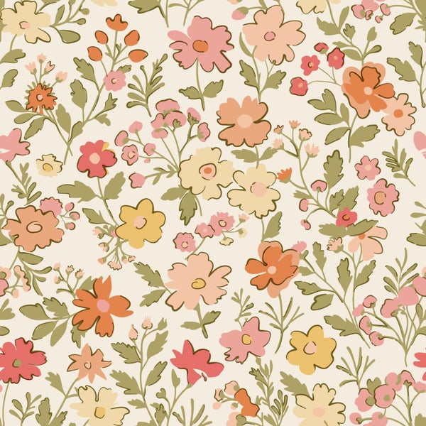 ESTAhome Tapete Blumen Rosa, Grün, Gelb und Orange - 50 x 900 cm - 131326