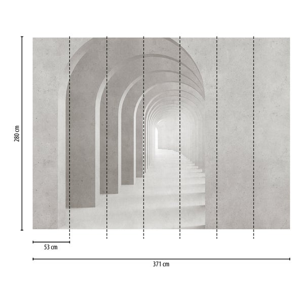 Vliesfototapete mit 3D-Architekturmotiv eines Arkadengangs mit Treppen, Maße 371 mal 280 Zentimeter, Bahnenbreite 53 Zentimeter.