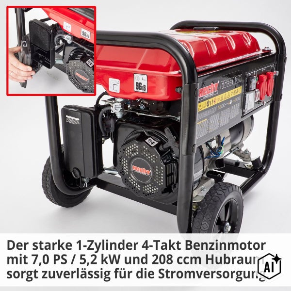 Hecht Benzin Stromerzeuger GG3300W mit 1-Zylinder 4-Takt Motor, 5,2 Kilowatt Leistung und Rädern für den mobilen Einsatz.
