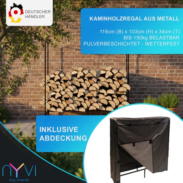 Metall Kaminholzregal mit Abdeckung und Holz vor einer Ziegelmauer