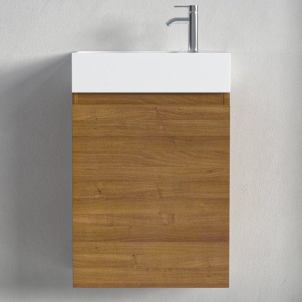 Wandhängender Waschbeckenunterschrank mit Keramikwaschbecken und Einhebelmischer in Holzoptik