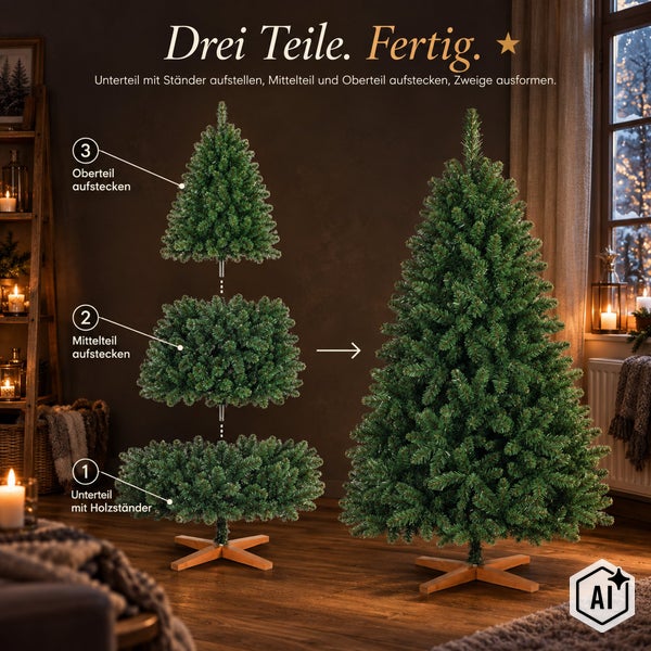 Anleitung zum Aufbau eines dreiteiligen künstlichen Weihnachtsbaums mit Holzständer in einem weihnachtlich dekorierten Wohnzimmer.