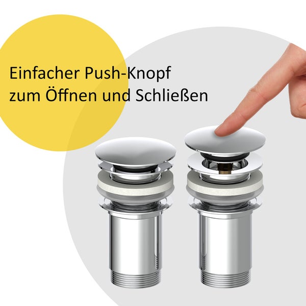 instmaier Ablaufgarnitur E3 | ohne Überlauf | Waschbeckenstöpsel mit Push-Open Funktion | Pop Up Ventil Chrom