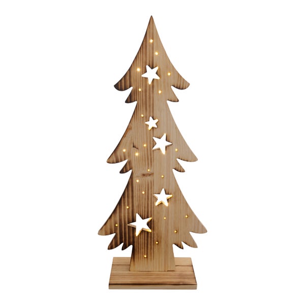 Dekorativer Weihnachtsbaum aus Holz mit Sternen und Beleuchtung