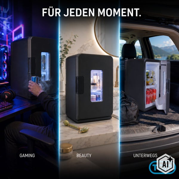 TOM Mini Kühlschrank vielseitig einsetzbar für Gaming Beauty und unterwegs im Auto