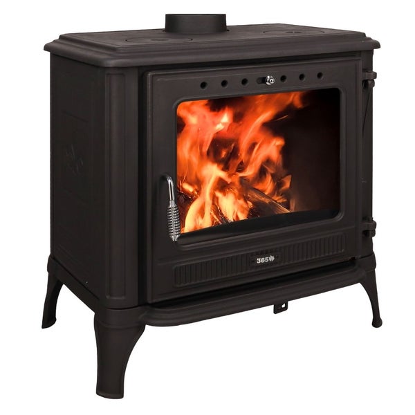 Kaminofen aus Gusseisen mit Sichtscheibe und brennendem Feuer.