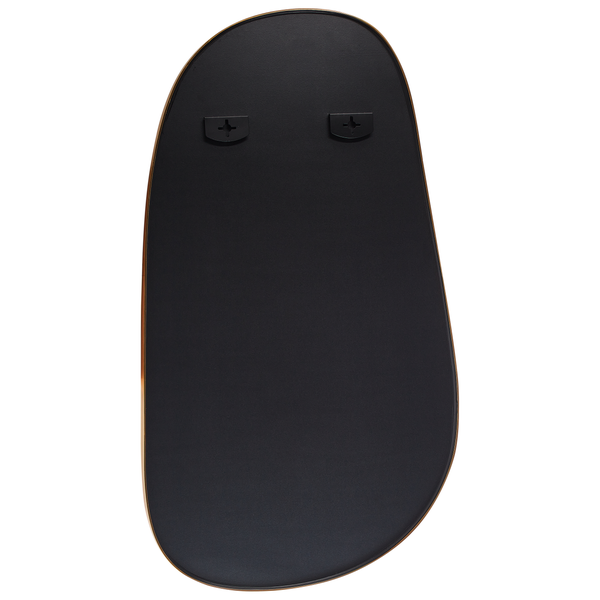 Rückansicht eines asymmetrischen Wandspiegels mit einer schwarzen Rückseite und zwei Wandhalterungen.