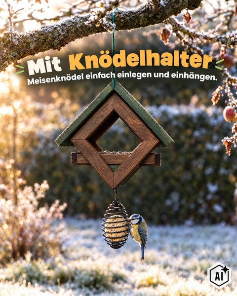 Holz Vogelhaus mit integriertem Meisenknödelhalter hängend an einem Baum im Garten im Winter.