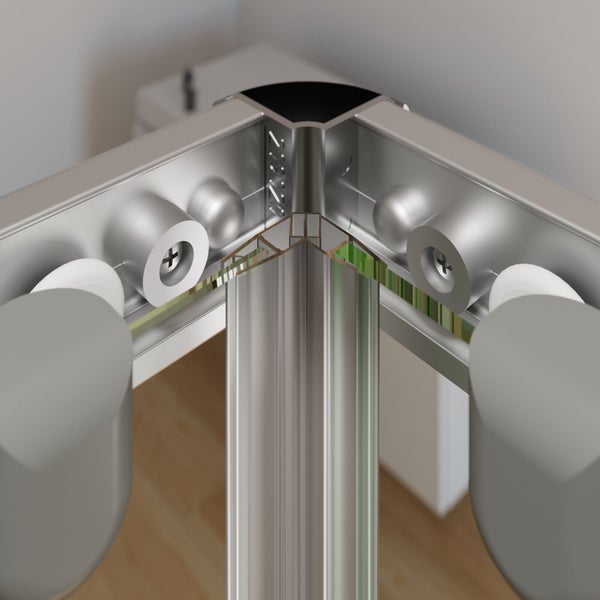 Detailansicht einer Eckverbindung für Metallprofile mit innenliegenden Schrauben und Rollenführung.