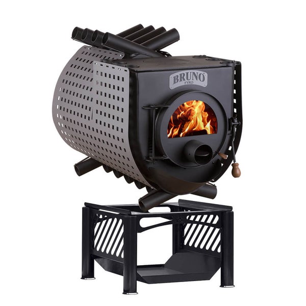 Bruno Pyrolyseofen mit Stahlgehäuse auf einer Metallbasis mit Holz im Inneren