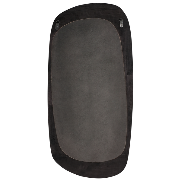 Rückseite eines asymmetrischen Spiegels mit Holzrahmen und Aufhängungen