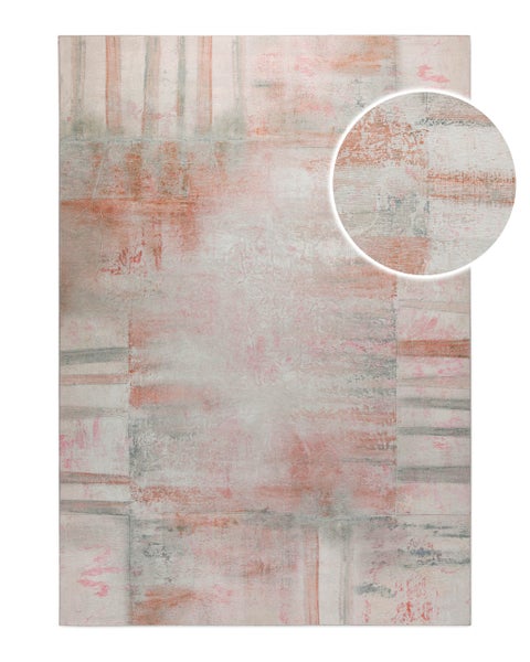Moderner Teppich mit abstraktem Muster im Vintage-Stil und Detailansicht der Textur.