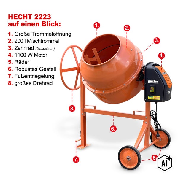 Betonmischer Hecht 2223 mit 1100 Watt Motor und 200 Liter Trommelvolumen sowie Hecht Logo.