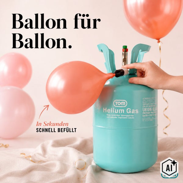 Einweg Helium Gasflasche von Tom zum Befüllen von Ballons mit Hand und bereits aufgeblasenen Ballons im Hintergrund.