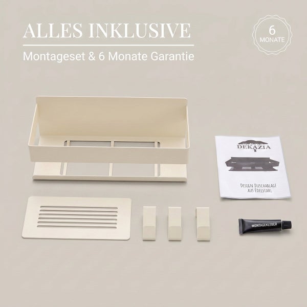 Duschablage aus Edelstahl im Set mit Montagematerial Kleber Haken und Bedienungsanleitung inklusive sechs Monaten Garantie