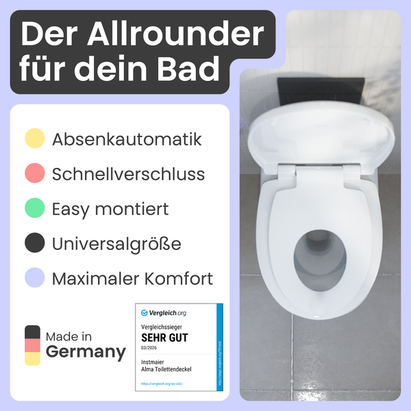 WC-Sitz Alma von Instmaier mit Absenkautomatik, Schnellverschluss, einfacher Montage, Universalgröße, Siegel Made in Germany und Testurteil sehr gut.