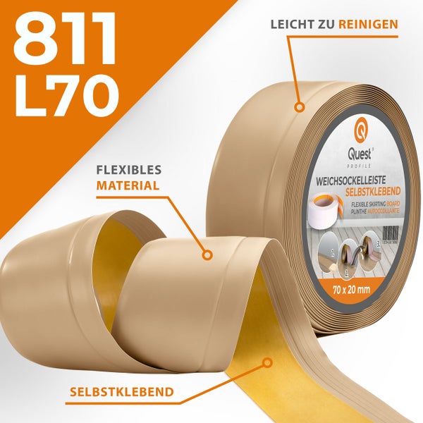 Quest Weichsockelleiste, Breite Sockelleiste 70 x 20 mm, PVC Knickleiste für Wand, Boden, Flexibel, Sandfarbe, 20 Meter