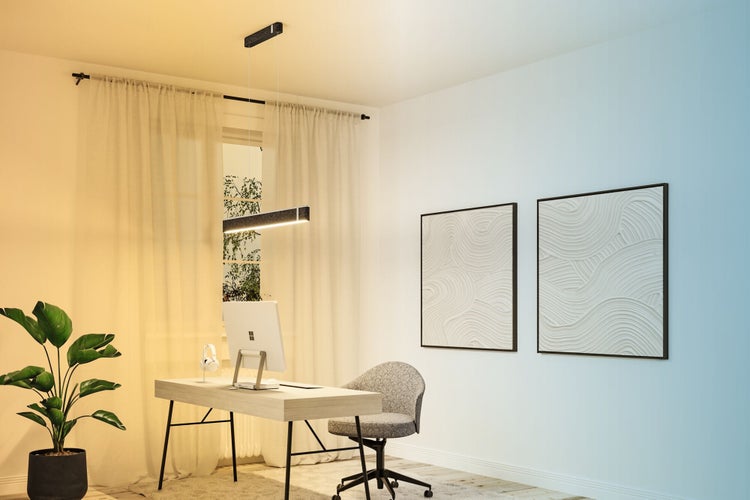 Arbeitszimmer mit Schreibtisch, Bürostuhl, Zimmerpflanze und Hängelampe