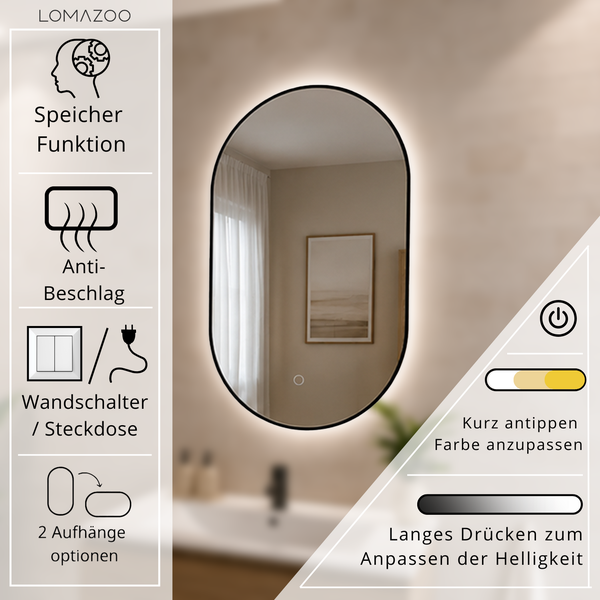 Ovaler LED Badezimmerspiegel mit Memory Funktion, Anti-Beschlag und einstellbarer Lichtfarbe und Helligkeit, Marke Lomazoo.