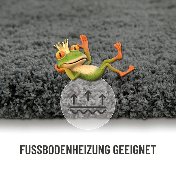 Badteppich mit hohem Flor und Froschfigur, geeignet für Fußbodenheizung.