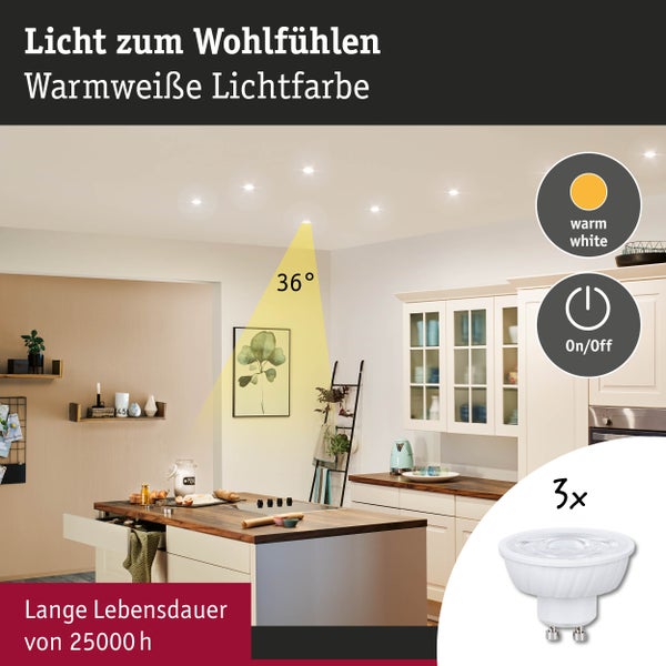 Deckeneinbaustrahler im Küchenbereich mit warmweissem Licht und einer Lebensdauer von 25000 Stunden