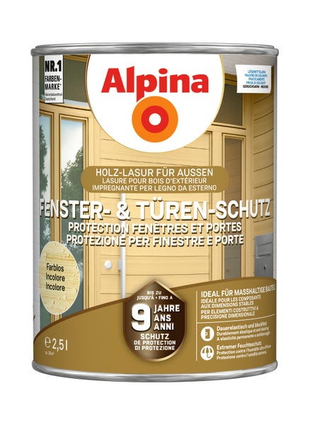 Alpina Holzlasur für aussen Fenster und Türen Schutz farblos 2,5 Liter Gebinde für dauerhaften Schutz von maßhaltigen Bauteilen