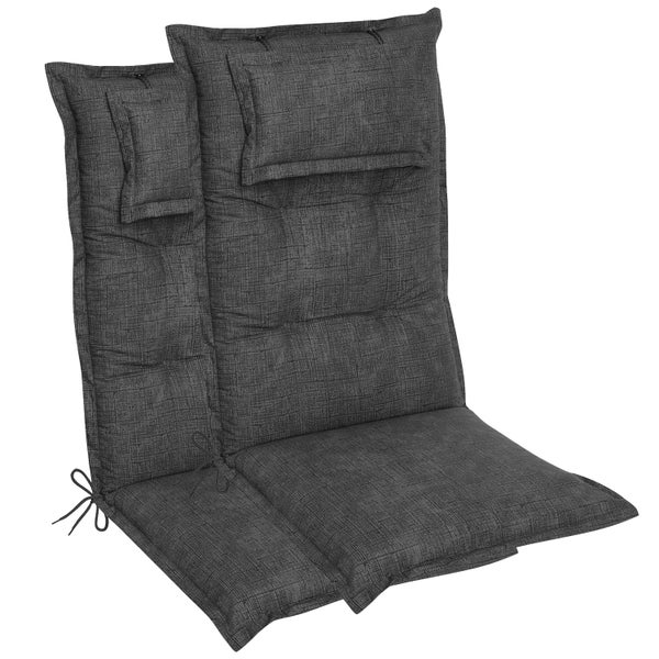 Zwei graue Hochlehner Auflagen mit Kopfpolster und Bindebändern