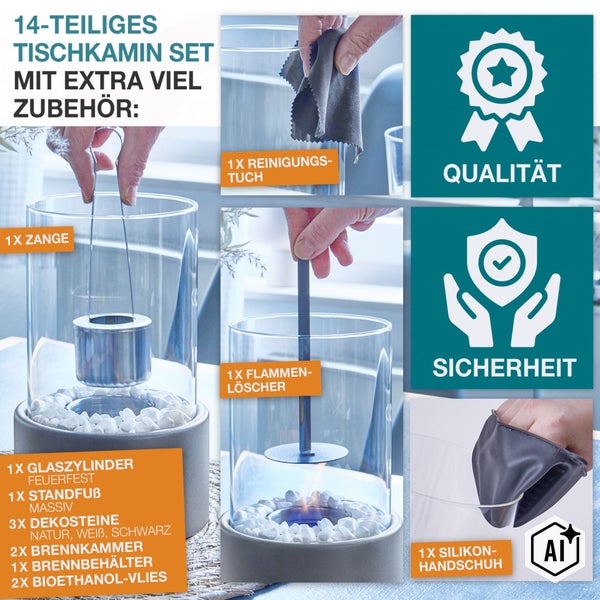 14 teiliges Tischkamin Set mit Glaszylinder, Standfuß, Dekosteinen, Brennkammer, Zange, Reinigungstuch, Flammenlöscher und Silikonhandschuh.