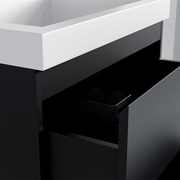 Moderner Waschtischunterschrank in Anthrazit mit weißem Waschbecken und geöffneter Schublade mit Inneneinteilung.