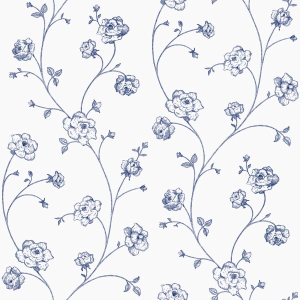 ESTAhome Tapete Toile de Jouy Rosen Weiß und Blau - 53 cm x 10.05 m - 139300
