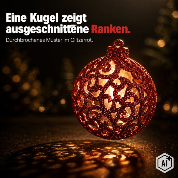 Weihnachtskugel mit durchbrochenem Rankenmuster und Glitzeroberfläche zur Weihnachtsdekoration