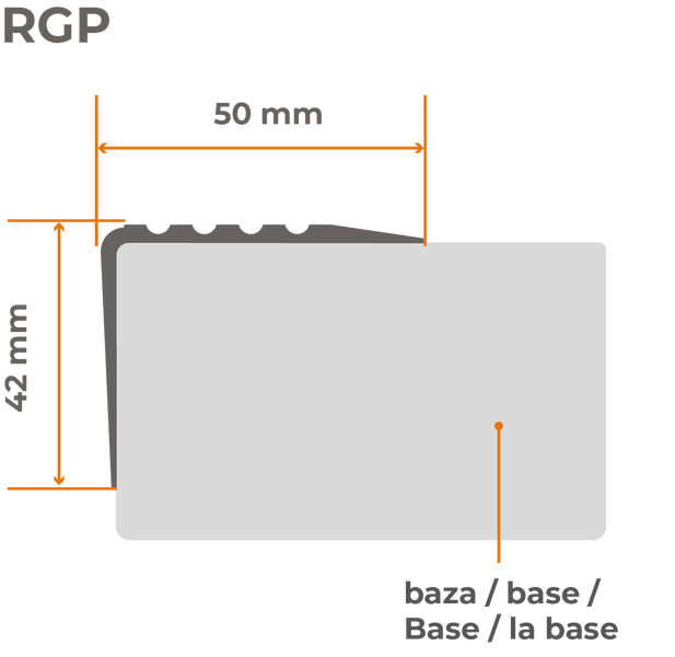 Technische Zeichnung eines Treppenkantenprofils Modell RGP mit den Maßen 42 Millimeter Höhe und 50 Millimeter Breite für die Montage auf Stufen.