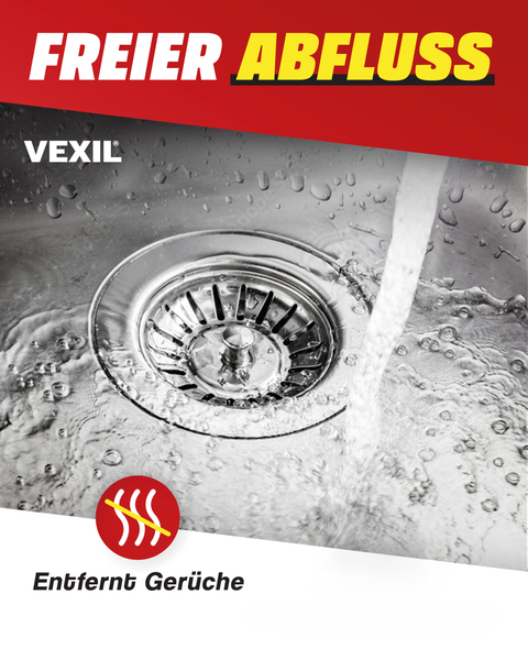 Vexil Abflussreiniger für freien Abfluss und Geruchsentfernung in einem Spülbecken mit fließendem Wasser