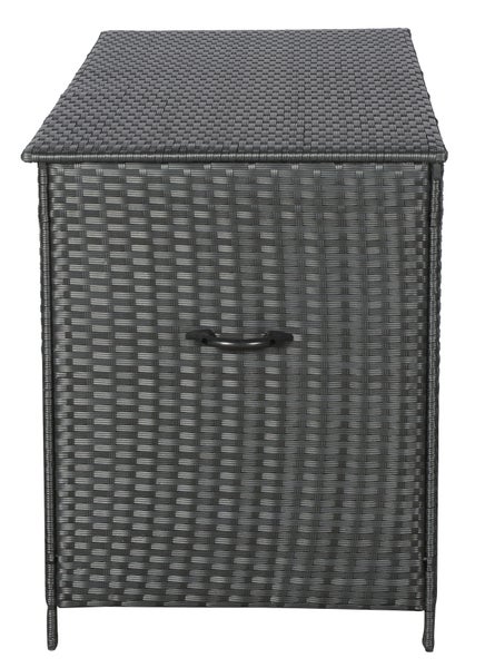 Aufbewahrungsbox aus Rattan für den Außenbereich, mit Rollen, Deckel geschlossen und geöffnet dargestellt.