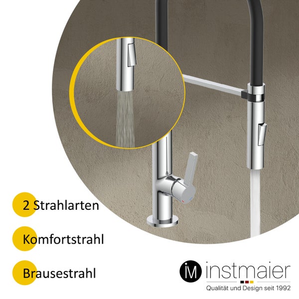 instmaier Küchenarmatur K4 | Flexible Geschirrbrause | Wasserhahn Küche mit 2 Funktionen | Spültischarmatur Chrom / Schwarz | 360° schwenkbar | mit Zentralverschraubung