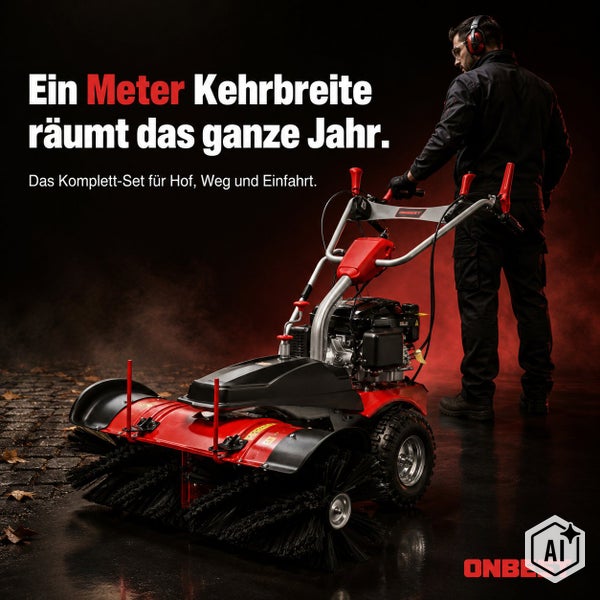 Benutzer bedient eine Onbest Kehrmaschine mit einem Meter Kehrbreite zur Reinigung von Hof und Einfahrt im Ganzjahreseinsatz.