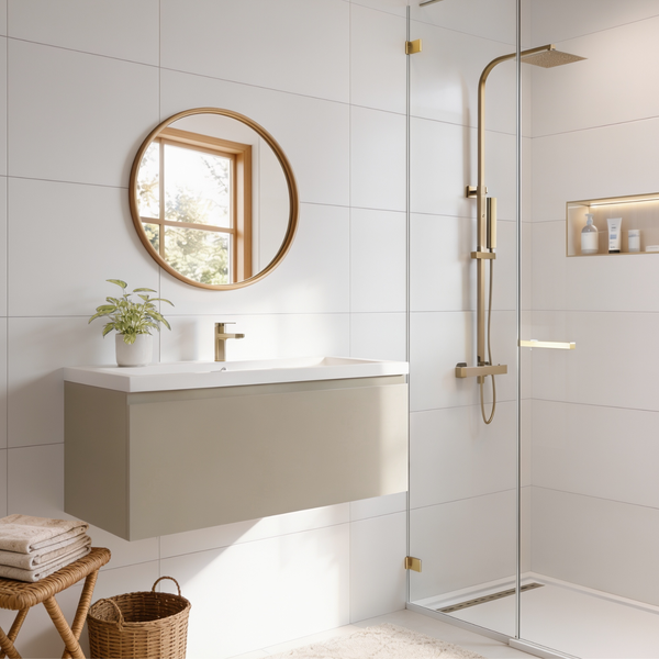 Modernes Badezimmer mit Waschtisch, rundem Spiegel, wandhängendem Unterschrank, Dusche mit Glastrennwand und Armaturen in Metalloptik.