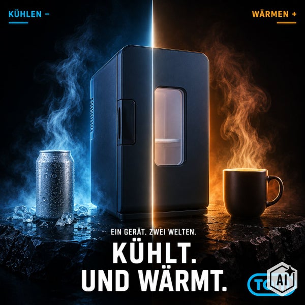 Tragbarer TOM Minikühlschrank mit Kühl- und Wärmefunktion, ideal für Getränkedosen und Speisen.