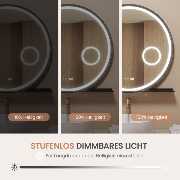 Runder Badezimmerspiegel mit LED Beleuchtung und stufenlos dimmbarer Helligkeit sowie integrierter Digitaluhr inklusive Ablage und Wasserhahn.