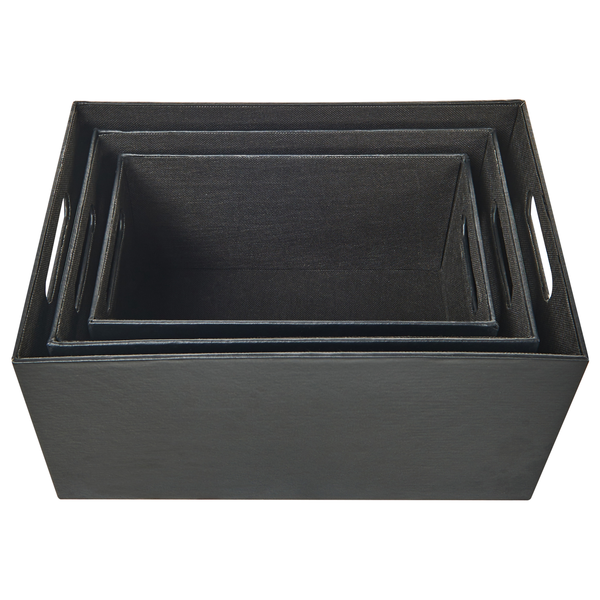 Drei schwarze Aufbewahrungsboxen aus Kunstleder, ineinander gestapelt.