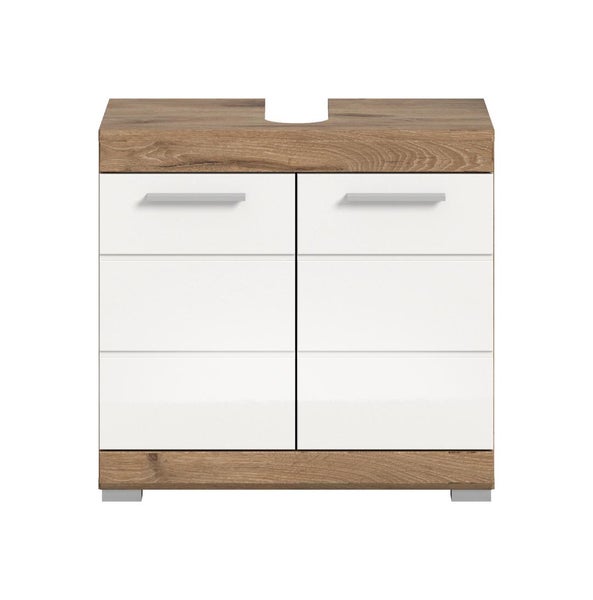 Waschtischunterschrank mit zwei Türen, weißer Front, Holzoptik und Siphonausschnitt.